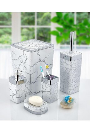Akrilik Gümüş Mermer Desen 5'li Beyaz Banyo Seti Kare Banyo Takımı
